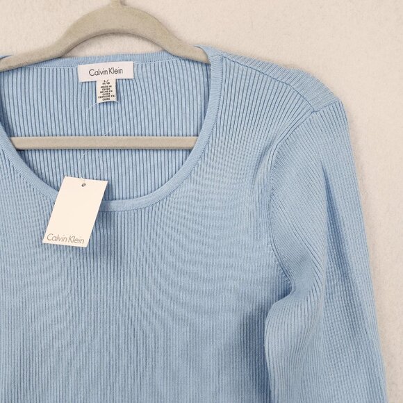 Calvin Klein Sweater Womens Large Blue Ribbed Knit Scoop Neck Lettuce Hem NEW - Picture 2 of 12